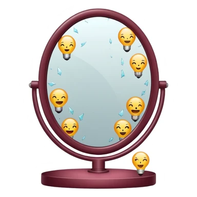 Minimalist emoji-style sticker of a vanity mirror with dim bulbs and cracked glass, words “Am I real yet?” smeared in dusty lipstick tone


 sticker