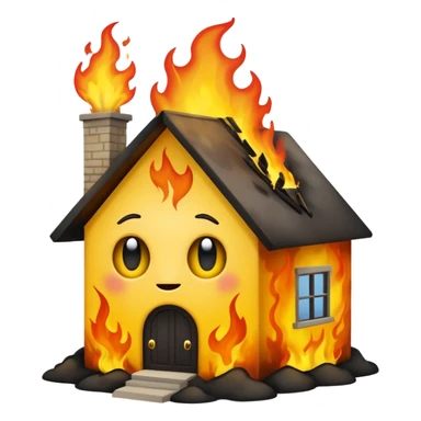 Create a comically crazy looking emoji that looks lost and confused. Have it related to emotional damage for theme with a house burning in background sticker
