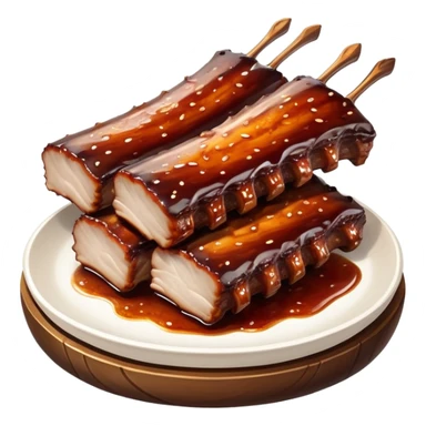 cinematic-realistic-barbeque-ribs-dish-emoji,-depicted-as-succulent,-slow-cooked-ribs-with-a-sticky-smoky-glaze-rendered-with-rich-textures-and-dynamic,-appetizing-lighting. baby back spare ribs sticker