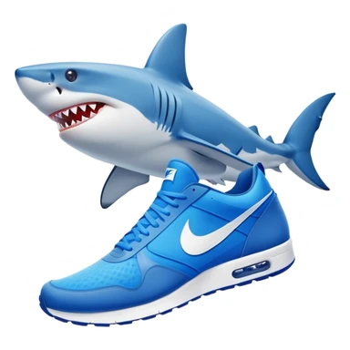 Crea un tiburón con zapatos azules de marca Nike con el logo Nike en blanco sticker
