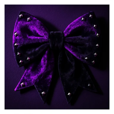 goth bow with velvet texture, neon purple and black, silver studs, dramatic shadows, neon goth palette sticker