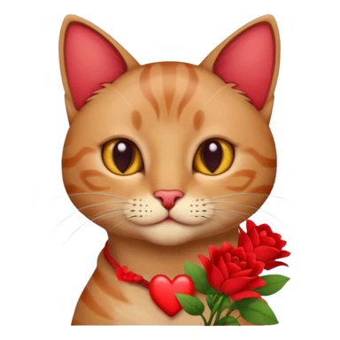 Male cat holding red flowers and heart sticker