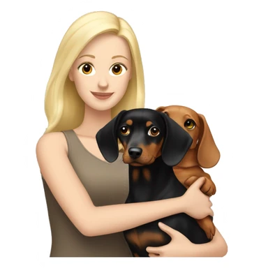 Blonde white woman and Brunette white woman holding black and tan dachshund sticker