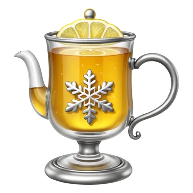 3D emoji of a traditional
Russian tea glass in an ornate silver metal holder (podstakannik). Hot tea with a lemon slice, visible steam forming a small snowflake shape. High-end glossy 3D
 sticker