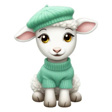 cute little female lamb wearing a water green sweater and a white beret sticker