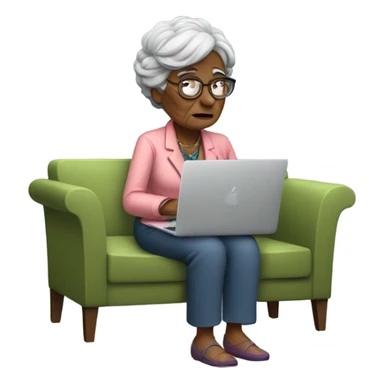 Grandma sitting on the sofa with MacBook, smoking a cigarette and looking in the laptop with a dissatisfaction sticker