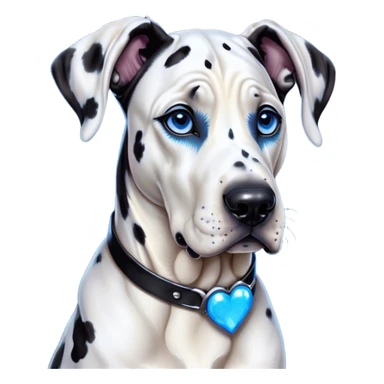 Cinematic Cute Harlequin Great Dane Portrait Emoji, Head tilted playfully and inquisitively, featuring a glossy coat of predominantly white with dynamic black patches, round, sparkling blue eyes filled with gentle curiosity, Simplified yet irresistibly adorable features, highly detailed, glowing with a warm, friendly glow, high shine, affectionate and gentle, stylized with a touch of whimsy, bright and endearing, soft glowing outline, capturing the essence of a mischievous yet loving pup, so playful it feels like it could lumber out of the screen and into your arms! sticker