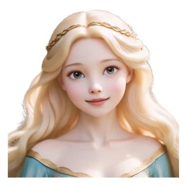 Cinematic Realistic Sleeping Beauty (Aurora) Portrait, with porcelain-like skin featuring a natural rosy flush, illuminated by soft lighting that highlights the gentle contours of her face. Her golden blonde hair flows in soft, detailed waves with subtle highlights that shimmer in the light. Her deep violet-blue eyes radiate warmth and innocence, framed by arched brows and long lashes. With a soft, serene smile, she holds a delicate rose gently in one hand, her other hand resting lightly by her side. She is dressed in her classic pink gown, the fabric rich in texture with delicate folds that catch the light. A golden crown rests atop her head, gleaming with royal refinement. The portrait captures a soft, glowing aura, blending realism with an ethereal sense of beauty and timeless enchantment. sticker