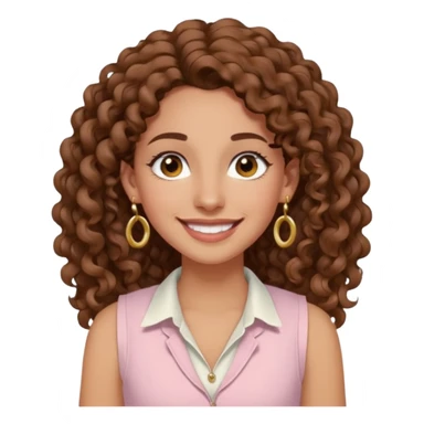 mujer un poco morena (no demasiado), pelo rizado largo, sonriendo, con ojos grandes y marrones con camisa rosa palo y un chaleco blanco y aretes dorados en forma de circulo en sus orejas  sticker