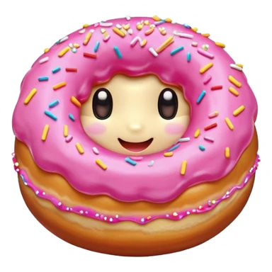 Cinematic tiny happy donut, round and fluffy, golden brown with pink icing and sprinkles, tiny adorable face with blushing cheeks, warm glowing background. sticker