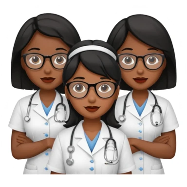 Genera un emogis de 4 enfermeras pelinegra juntas, entre ellas una con un lunar encima del labio y otra con lentes sticker