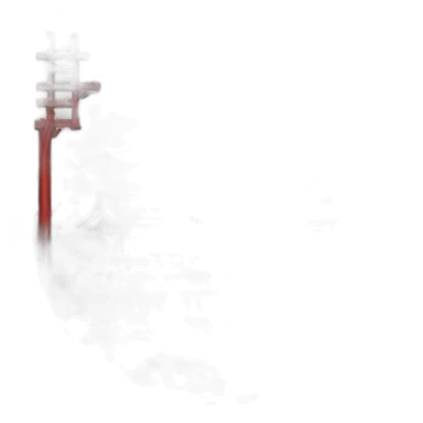 Small Japanese house with a blue tiled roof and a torii gate on an island a lake with two mountains behind it sticker