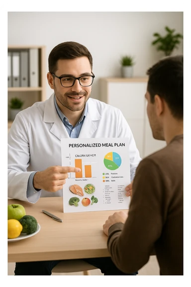 a nutritionist sits at a desk with a client, showing a personalized meal plan and a chart that clearly displays the client’s specific daily caloric deficit. The nutritionist points to the chart, which includes recommended calories, macronutrient breakdown, and healthy food options. The mood is professional, supportive, and educational. in italiano sticker