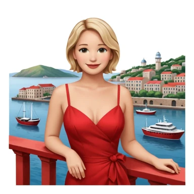 jennifer lawrence, red dress leaning on a balcony with a harbor and cityscape in the background, smiling, closeup sticker