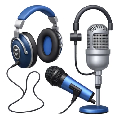 Create a sleek and professional emoji that represents voice acting and dubbing equipment. The design should feature a high-quality microphone, a sound mixer or audio interface, and headphones to symbolize the recording and technical process. Include elements like a soundproof booth or audio cables to reflect the studio environment. Use a modern, clean design with colors like silver, black, and dark blue to represent the professional side of voice acting. The background should be transparent. sticker