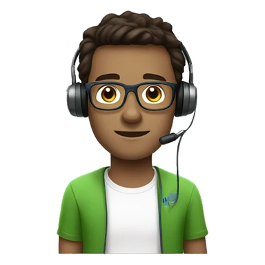 white young man with blue eyes and dark brown hair and square glasses wearing green t-shirt with headset sticker