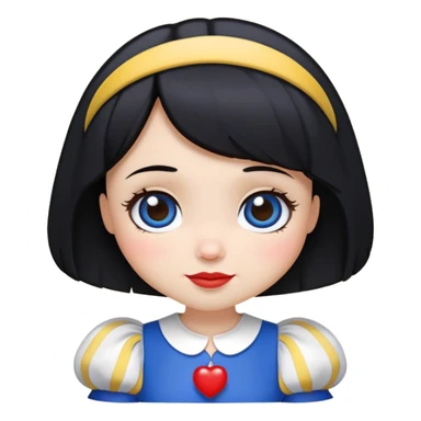 A cute chibi-style emoji of Snow White, with a slightly darker skin tone, short black bob haircut, no apple in her hand, wearing her iconic blue and yellow dress with puffed sleeves and red accents. Inspired by the 2025 Disney Snow White live-action look. Big round eyes, small smile, kawaii facial expression. Simplified details for emoji use, smooth vector lines, soft shading, white background, head slightly larger for cuteness. sticker