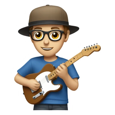 A nerdy white guy with glasses with short brown hair wearing a baseball cap playing a blue classic telescaster sticker