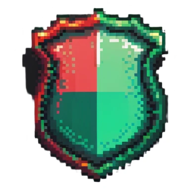 Member badge with a shield shape and green to red gradient background with pixel art details sticker
