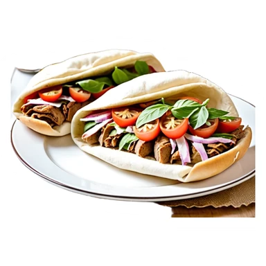 Döner im frisch aufgebackenen Fladenbrot, außen leicht knusprig, innen weich. Gefüllt mit saftigem Dönerfleisch, knackigem Salat, Tomaten, Zwiebeln und Kräutersauce. Warme Food‑Fotografie, hohe Details, natürliche Farben, appetitliche Präsentation, Fokus auf Texturen und Frische.“ sticker