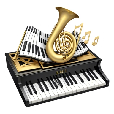 Create a detailed and elegant emoji collage representing keyboard instruments in a celebratory and professional style, reminiscent of a coat of arms. The design should feature a central arrangement of black and white piano keys, forming a symmetrical, powerful image. Around the keys, include a flowing ribbon of musical notes that intertwines with the keys, creating a sense of movement and harmony. Use gold and silver accents to highlight the keys and musical notes, giving the design a festive, high-quality appearance. The design should convey professionalism, elegance, and a sense of occasion. Add subtle reflections on the piano keys to enhance the polished look. The background should be transparent. sticker