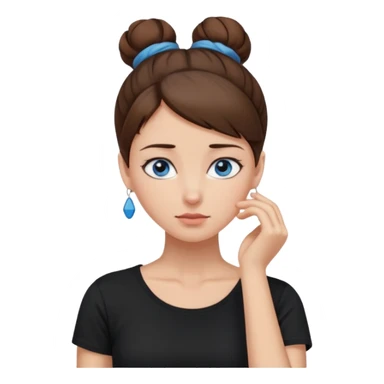 apple style emoji of a woman with blue eyes, brown hair in a bun, one hand on her neck in discomfort, wearing a black T-shirt sticker