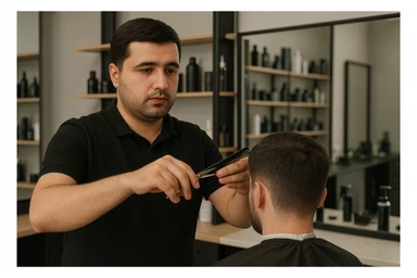 shu odamni sartaroshxonada mijozlarni sochini olayotganin  tasvirlab ber juda yosh ham katta ham bo'lmasin semiz ham bo'lib ketmasin o'smirin davrini yuzi ko'rinmasin sticker