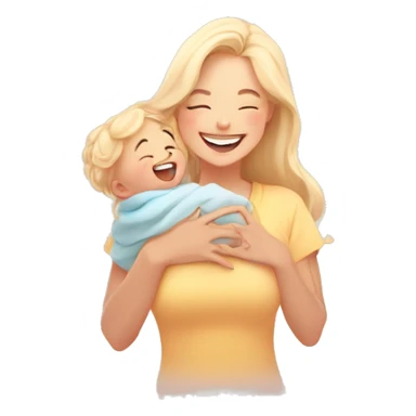 young mother with blonde hair, waist-up portrait, joyfully lifting baby in the air, smiling, soft lighting, kawaii style, chibi art style, emoji aesthetics, solid color background, minimalist, clean lines, vibrant colors, cute, wholesome sticker