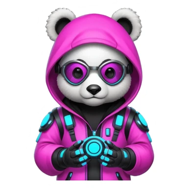 cute cyberpunk panda, neon hoodie, cyber goggles, glowing patterns, futuristic armor details, 3D cartoon, mobile game icon style, clean background, no text, no watermark
 sticker