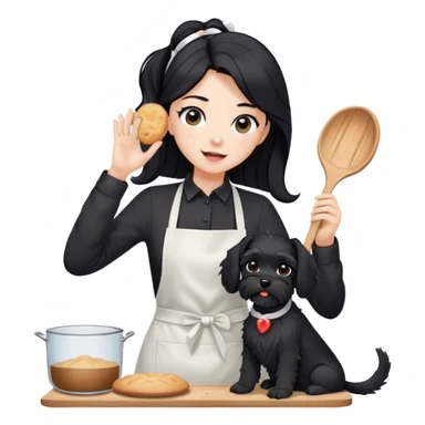 pale girl with long black hair wearing black long sleeve shirt wearing apron and baking holding black floppy ear schnauzer sticker