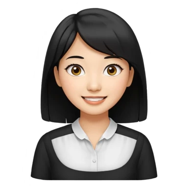 30 yr old asian woman center parted hair big eyes big smile tanned skin straight black hair hippie part hair white blouse shoulder length hair middle parted hair few short bangs at front sticker