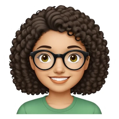 Young Latina woman with light brown skin. Round friendly face. Dark brown eyes with black-framed glasses. Thick arched eyebrows. Short voluminous curly hair. Big smile showing dimples. Wearing a green casual top. sticker