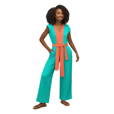 Vibrant jumpsuit with adjustable waist, V-neck, wide legs, and made from organic cotton in bright, bold colors like coral or turquoise. sticker