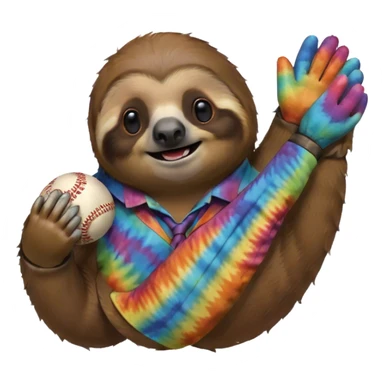 Baseball in a tie dye glove being held by a sloth sticker