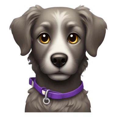 Black dog wit curly hair. White hair under the nose and mouth. Brown eyes with a black pupil in it. And a purple leash.  sticker