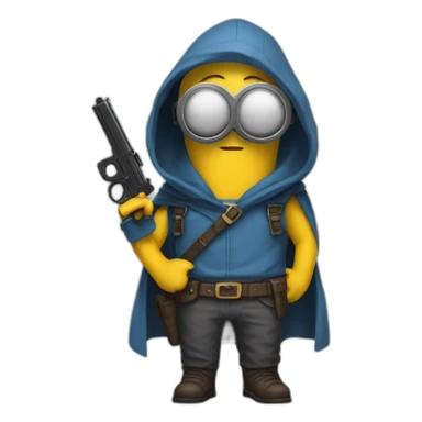 no face normal minion with glasses in hood in blue sleeveless shirt with with raised hands and pistols in each with a gold insert on the belt in gray pants and leather boots sticker