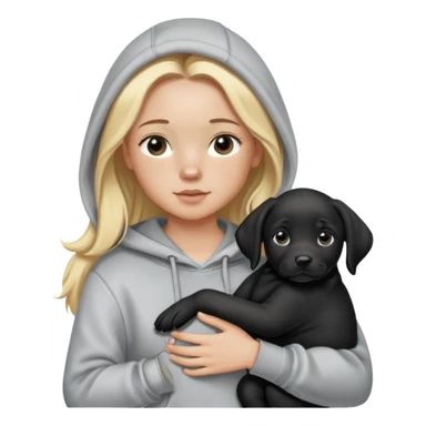 Blonde girl with smooth hair and a center part, light skin with freckles, wearing a hoodie and carrying a black baby labrador puppy in her arms sticker