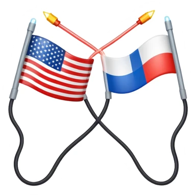 symbolic hot wire connecting Russia and USA with Russian and US flags at each end, glowing wire in the middle, tense atmosphere sticker
