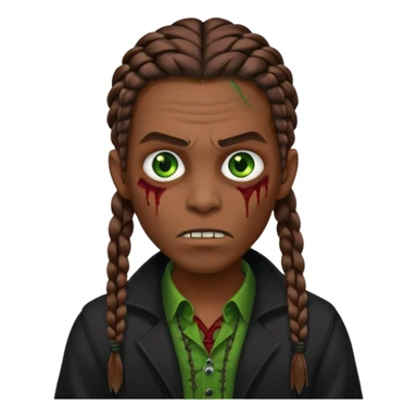 Glued braids men zombie with brown hair color and green eye color, with dark vampire clothes, brown skin sticker