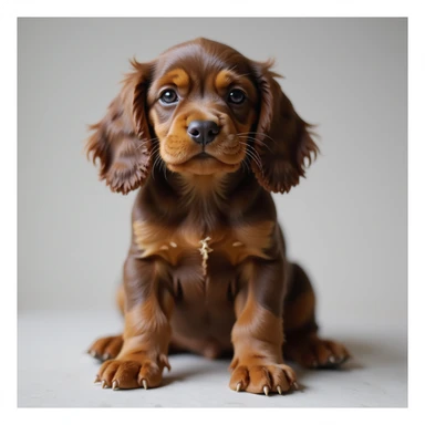 realistic chocolate tan English cocker spaniel puppy, sitting, fluffy ears, cute expression, photorealistic style sticker