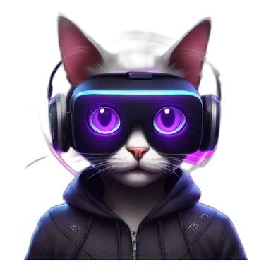 cat wearing a black hoodie with "OMG" letters on it and VR headset in a cyberpunk VR environment with violet neon lighting. sticker