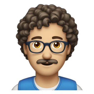 white man with short curly dark brown hair, blue small eyes, round eyeglasses and a brown mustache sticker