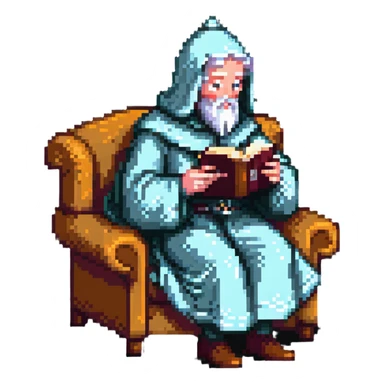 Chaucer reading and sipping tea, simple background, pixel art style sticker
