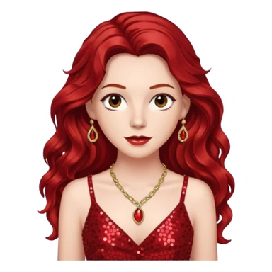 Chappell Roan, Pop Singer (b.1998) with long dark red wavy hair, red sequin dress and necklace sticker