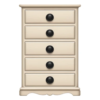 realistic white 6-drawer chest with one small black knob per drawer, stacked vertically, with depth and dimension sticker