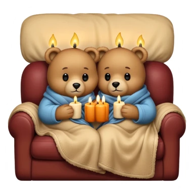 Two cozy teddy bears cuddling wrapped in a blanket watching tv on couch with candles next to them sticker
