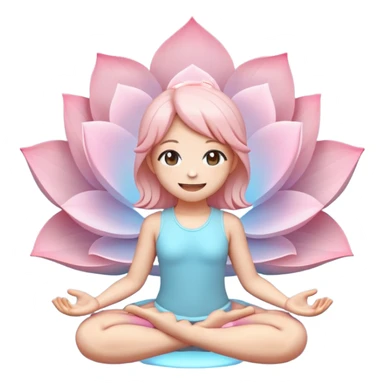 Cute flat-style emoji of a smiling lotus position, glowing aura around, pastel colors (light blue, soft pink), minimalist design, round frame, transparent background, 3D render, high details%::kawaii anime style::clay material render::pixel art 8-bit sticker