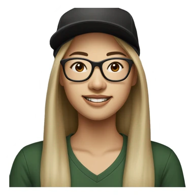 Hyper realistic, look from side, asian adult woman, light white skin, smiling with teeth, black eyes, spotted frame glasses, long light brown straight hair, black T-shirt, dark green cap. sticker