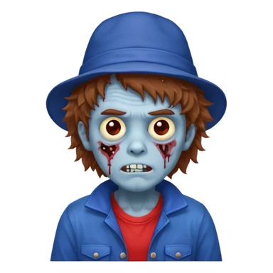 brown fluffy hair zombie with blue and white hat dark blue jilet red t shirt sticker