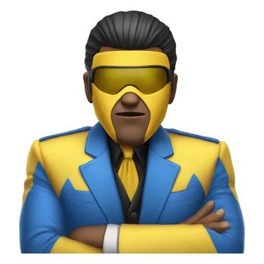 Invincible wearing a yellow and blue suit with black accents. He should have a distinctive yellow visor-style mask covering his eyes, shot black hair. sticker
